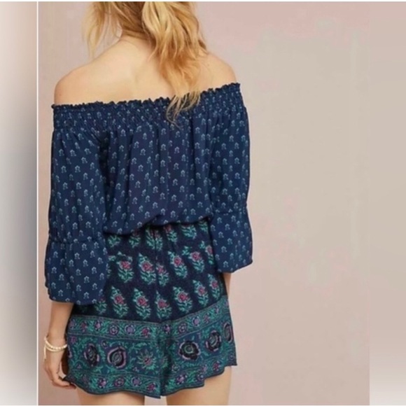 Anthropologie Ett:Twa Blue Kaleo Boho Floral Print Off The Shoulder Romper - Picture 3 of 14